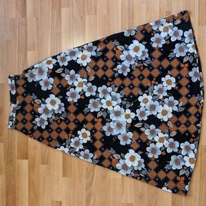 Vintage 70's black/white/gold/purple floral nylon maxi skirt